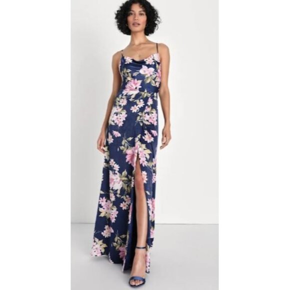 Lulus Love of Romance Women's Dress Navy Floral Satin Cowl Neck Maxi Size Small - Picture 1 of 13